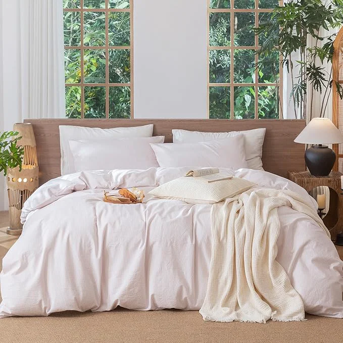 Carefully Designed MooMee Striped Duvet Cover Set Washed Cotton Linen Like Textured Breathable Durable Soft Comfy Heathered Greyish Pink Pinstripes King 104 quot x90 quot Lightweight