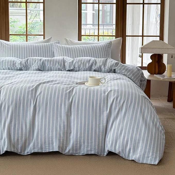 Top-Quality Striped Duvet Cover Set Washed Cotton Linen Like Soft Feelling Breathable Bedding White Cornflower Blue Strip King High-Grade