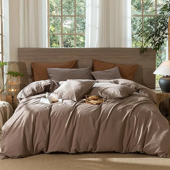 Unique MooMee Wavy Striped Duvet Cover Set Washed Cotton Linen Like Textured Breathable Durable Soft Comfy Brown Oversized Queen 98 quot x98 quot Crafted