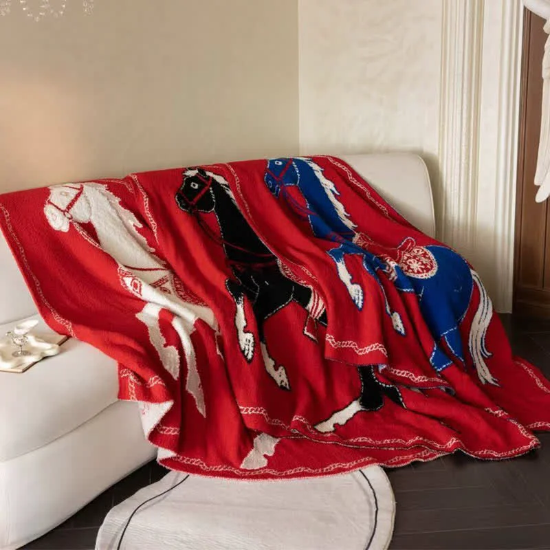 Fast Ownkoti Festive Horse Motif Knit Throw Blanket Fine