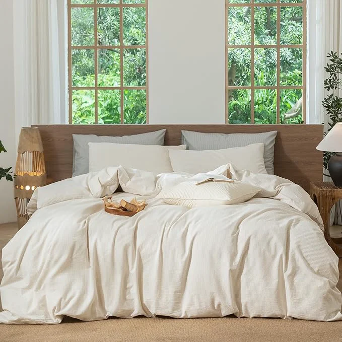 Relaxed MooMee Striped Duvet Cover Set Washed Cotton Linen Like Textured Breathable Durable Soft Comfy Almond Milk Grey Pinstripes Super King 108 quot x98 quot Optimized