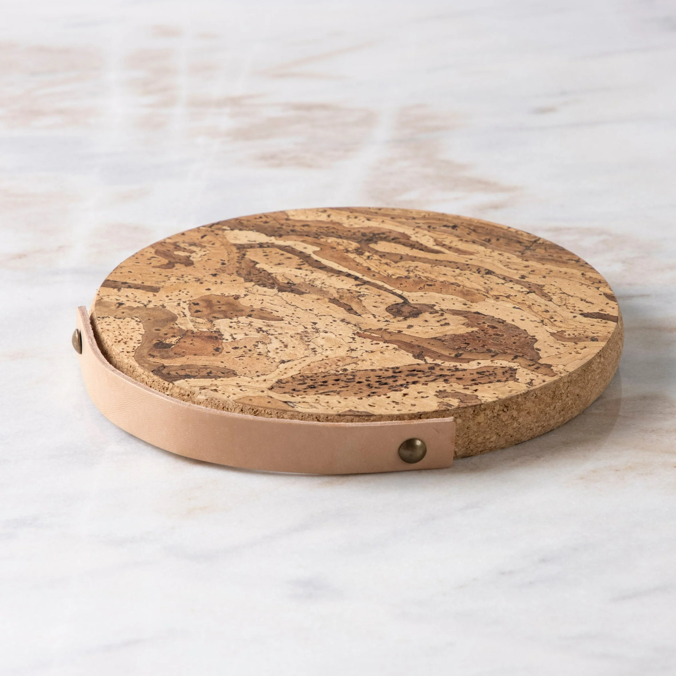 Enhanced Cork Trivet with Leather Handle Small Dependable