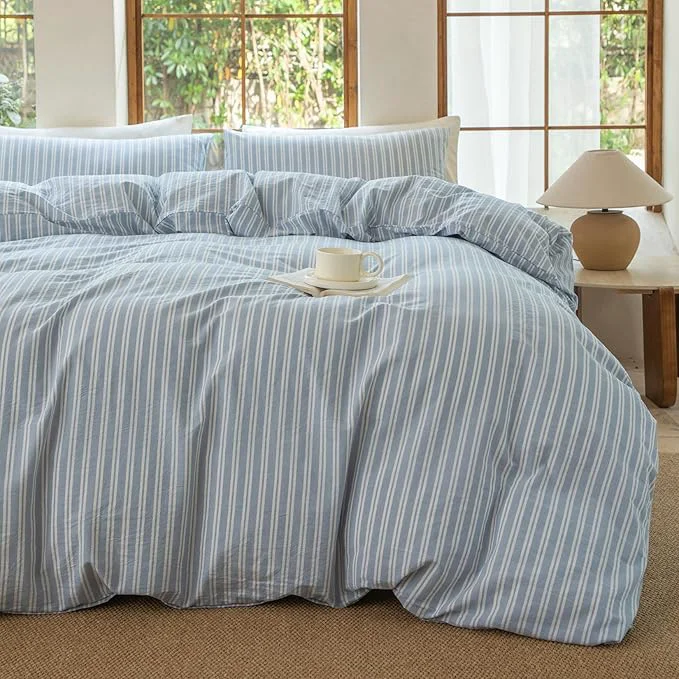 Functional Luxury Washed Cotton Linen Like Duvet Cover Set 3 Pcs Striped Duvet Cover with Zipper Closure Strip-Cornflower Blue White Twin Enhanced