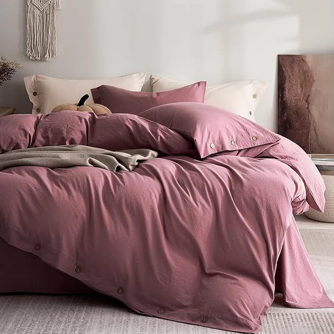 Eco-Friendly JELLYMONI Washed Cotton Duvet Cover Full – Soft Breathable Linen-Look Bedding with Natural Wrinkle Texture Button Closure 3-Piece Set Deep Rose 80 quot x90 quot Exclusive