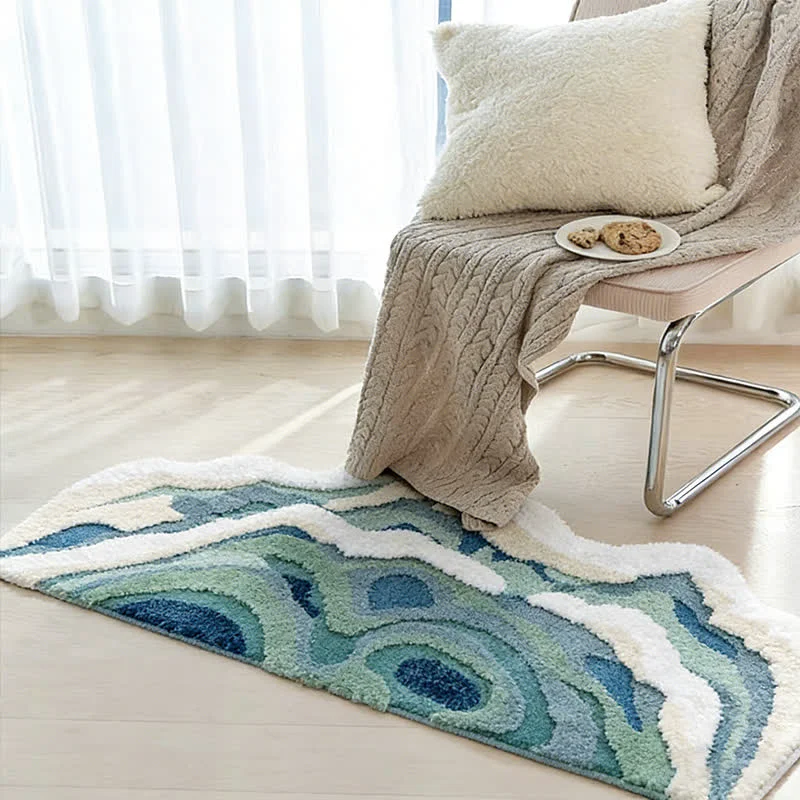 Effective Ownkoti Abstract Ocean Wave Shaped Flocked Rug Healthy