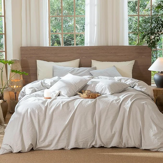 Crafted MooMee Wavy Striped Duvet Cover Set Washed Cotton Linen Like Textured Breathable Durable Soft Comfy Light Grey Cal King 104 quot x98 quot Eco-Friendly