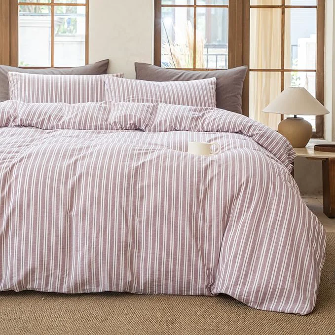Trusted Striped Duvet Cover Set Washed Cotton Linen Like Soft Feelling Breathable Bedding Dusty Purple Queen Green