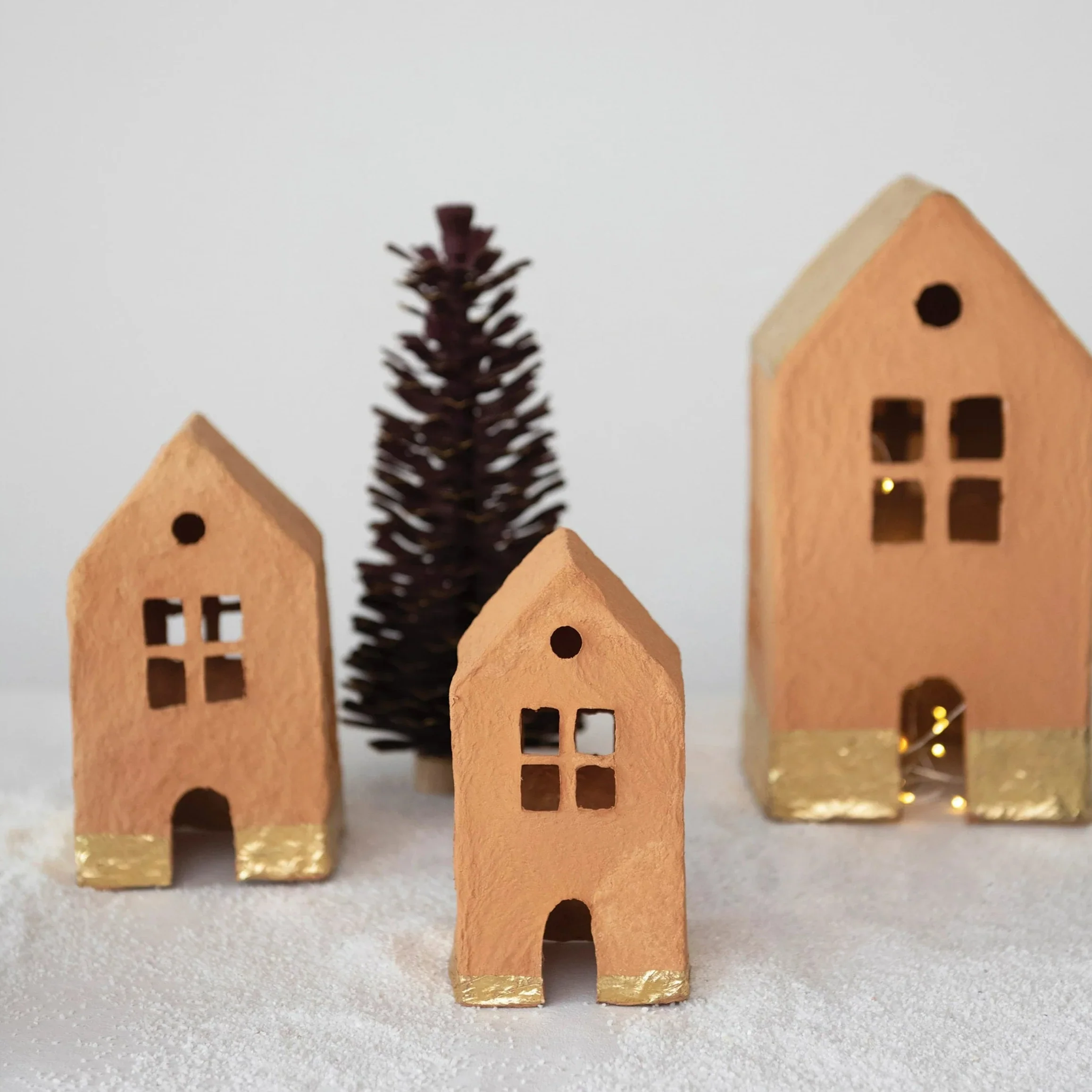 Artisan Handmade Paper Mache Houses with Gold Foil Terracotta Set of 3 Prestigious