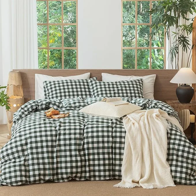 Authentic MooMee Gingham Duvet Cover Set Washed Cotton Linen Like Textured Breathable Durable Soft Comfy Modern Checkered Design Buffalo Plaid Forest Green Full 80 quot x90 quot Contemporary