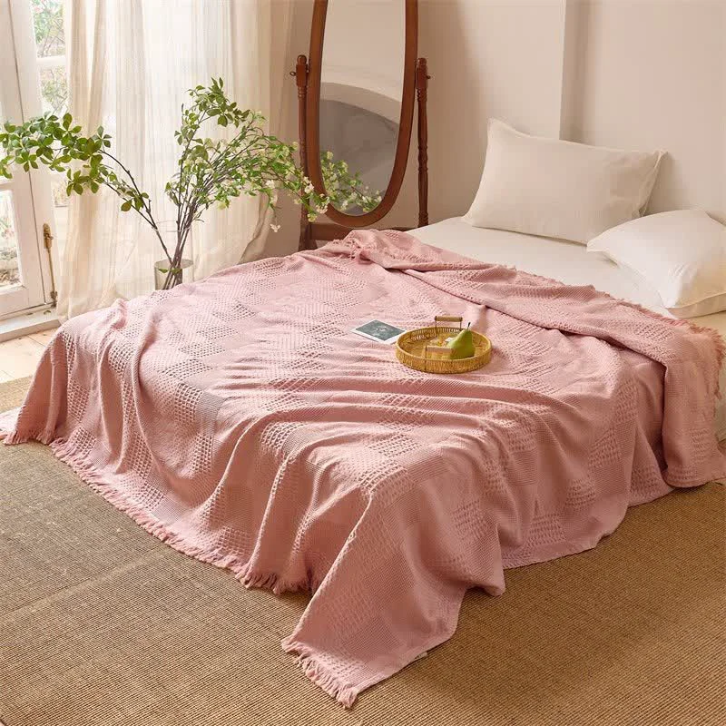 Environmentally Friendly Ownkoti Solid Waffle Weave Cotton Tassel Quilt Fine Crafted