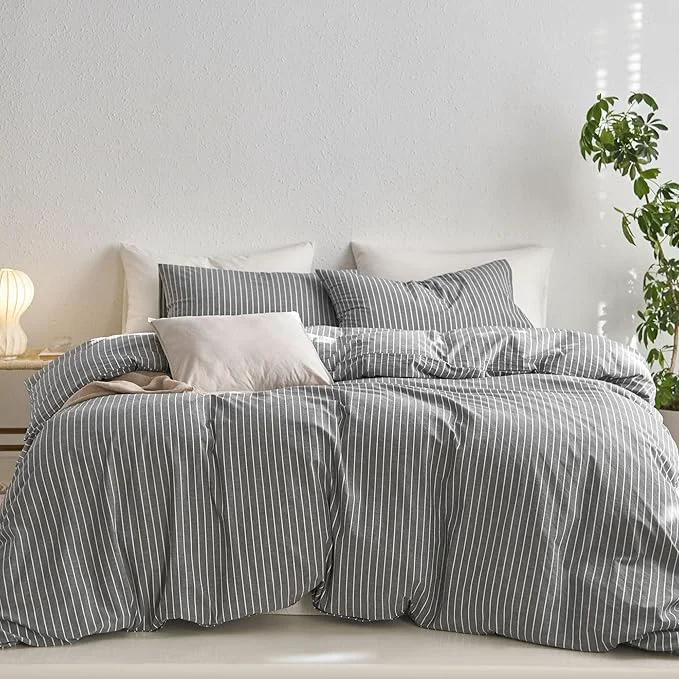 Sustainable MooMee Striped Duvet Cover Set Washed Cotton Linen Like Textured Breathable Durable Soft Comfy Dark Grey White Wide Stripes King 104 quot x90 quot