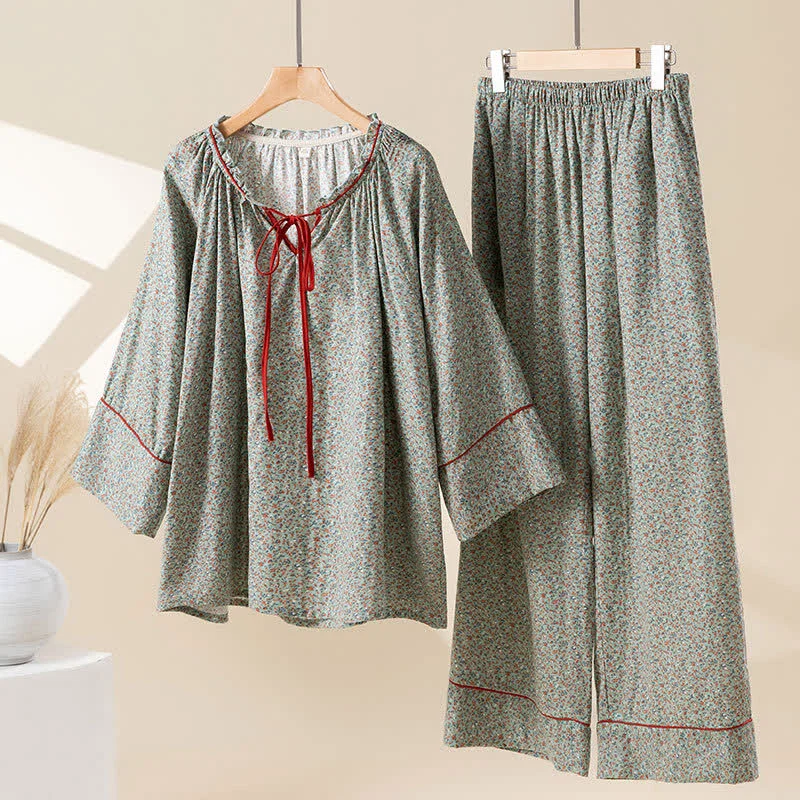 Verified Ownkoti Green Floral Cotton Ruffled Loungewear Set Modern
