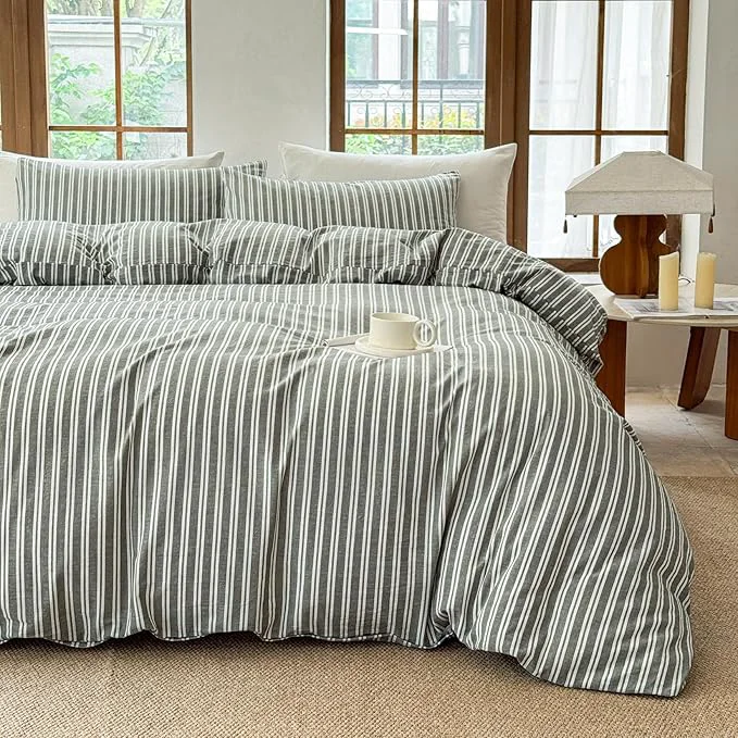Efficient Striped Duvet Cover Set Washed Cotton Linen Like Soft Feelling Breathable Bedding Olive Green White Strip Twin Smooth