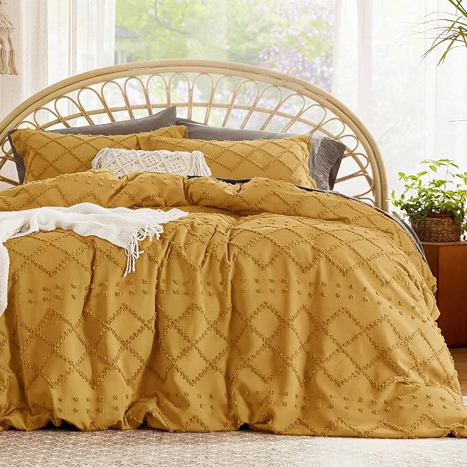Certified Bedsure Boho Duvet Cover Queen Size Mustard Yellow Breathable amp Soft Boho Bedding Machine Washable Comforter Cover for All Seasons Includes 1 Duvet Cover 90 quot x90 quot with 2 Pillow Shams amp Zipper Closure Elite