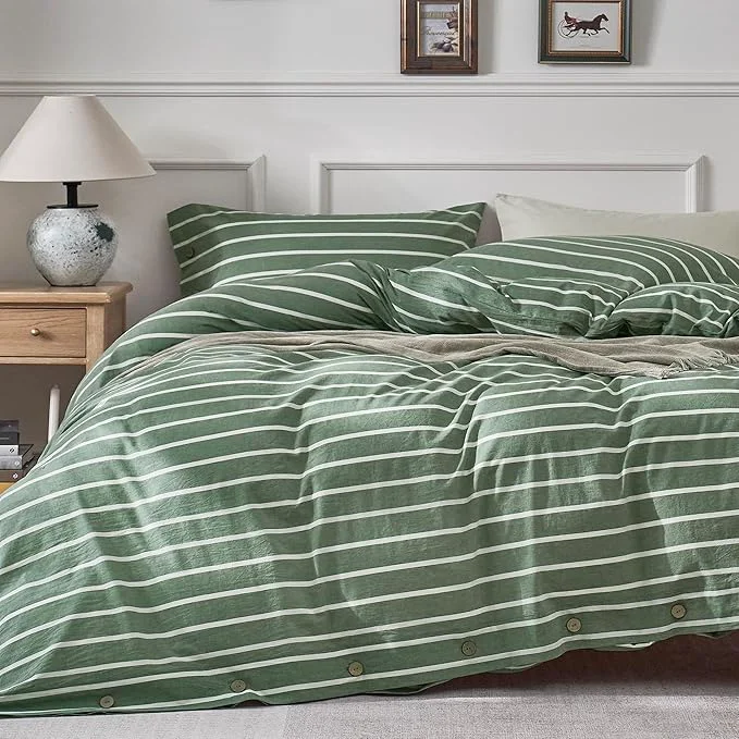Trusted JELLYMONI Cotton Duvet Cover Queen Size – Green Striped Comforter Cover with Button Washed Cotton 3PCS Breathable Soft Solid Bedding Set Duvet Cover 90×90in amp 2 Pillowcases NO Comforter Flexible