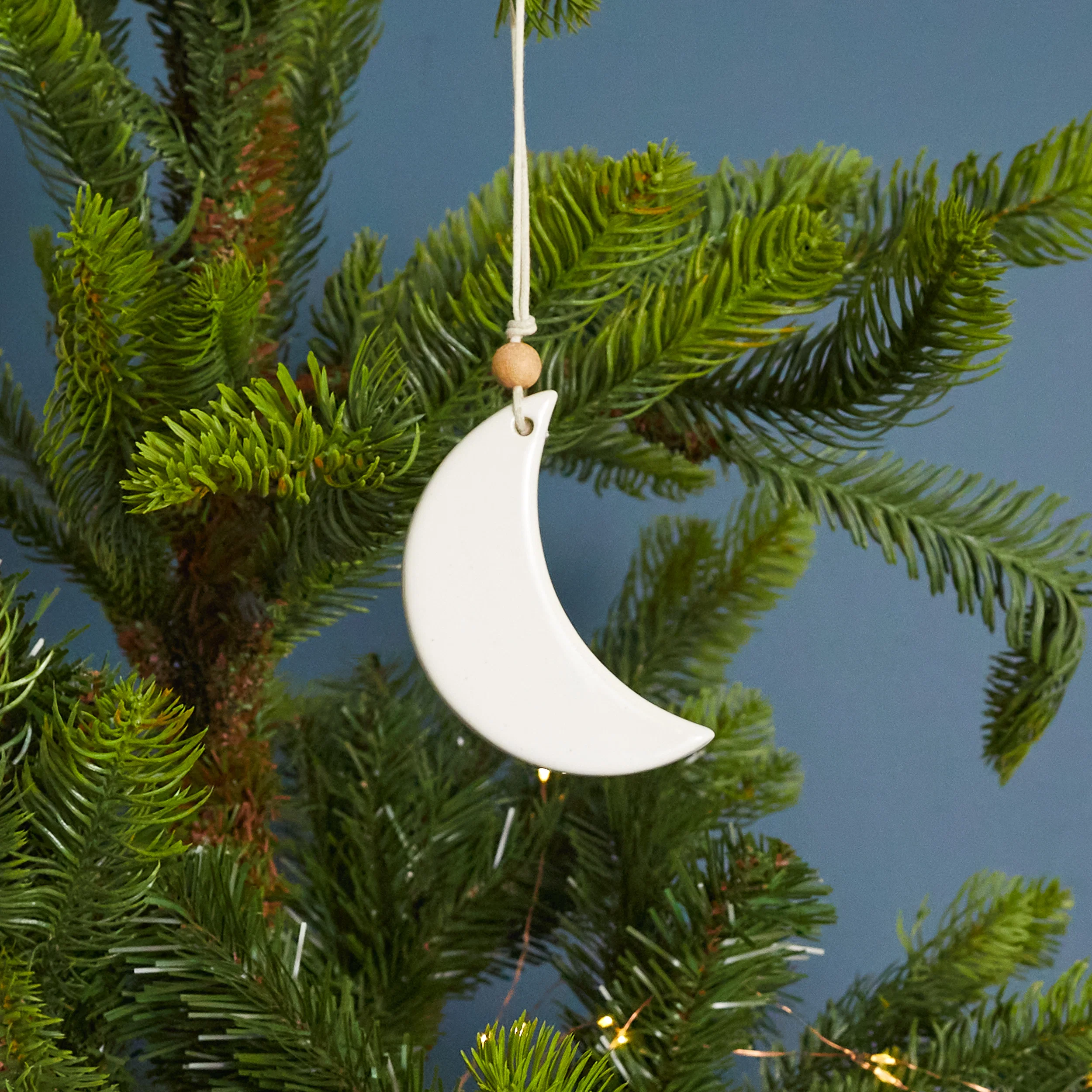Clean White Stoneware Moon Ornament Genuine