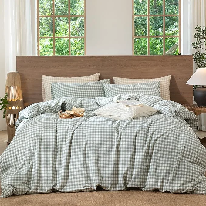 Detailed MooMee Gingham Duvet Cover Set Washed Cotton Linen Like Textured Breathable Durable Soft Comfy Modern Checkered Design Sage Green Gingham Palatial King Oversized King 120 quot x98 quot Traditional