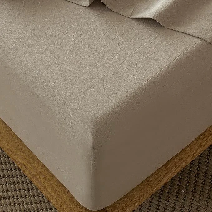 Functional MooMee Fitted Bottom Sheet Only Washed Cotton Linen Like Textured Breathable Durable Soft Comfy Deep Pocket Fits Mattress up to 17 quot Mocha Brown King High-Performance