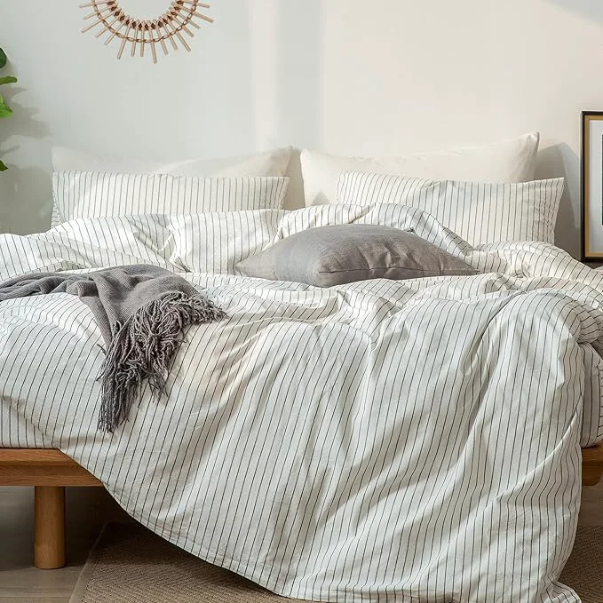 Certified MooMee Striped Duvet Cover Set Washed Cotton Linen Like Textured Breathable Durable Soft Comfy White Dark Grey Wide Stripes Super King Plus 120 quot x120 quot Expertly Made