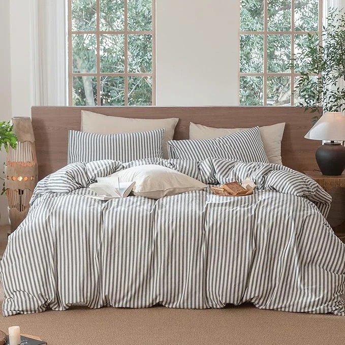 Solid MooMee Striped Duvet Cover Set Washed Cotton Linen Like Textured Breathable Durable Soft Comfy Dark Grey White Classic Stripes Super King 108 quot x98 quot Green