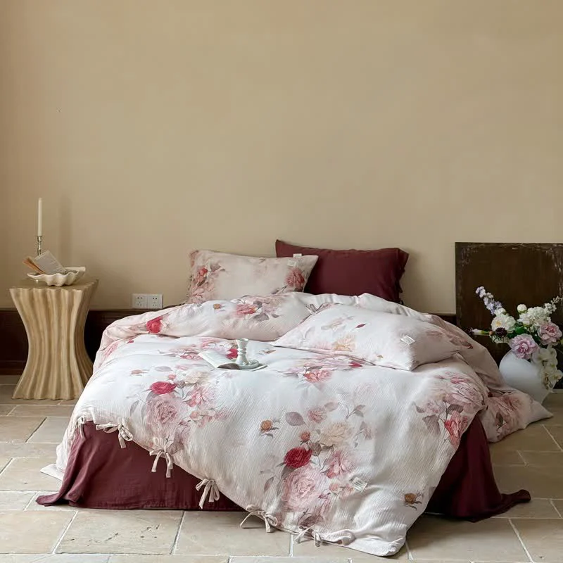 Authentic Ownkoti Elegant Rose Cotton Tie-Closure Bedding Set 4PCS Recyclable