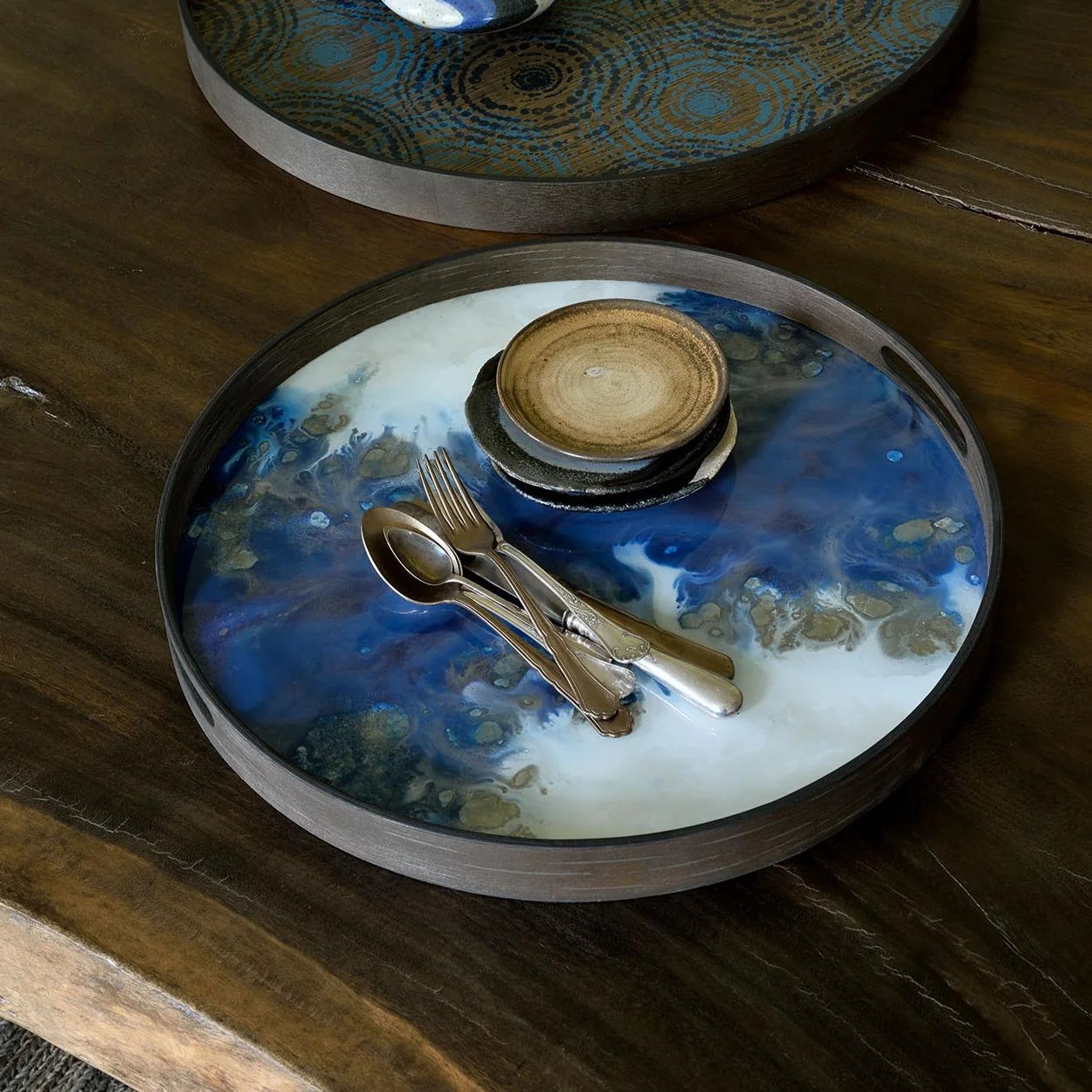 Comfortable Round Glass Organic Tray Blue Mist Flexible