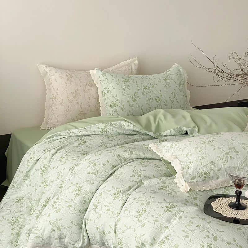Enhanced Ownkoti Vintage Subtle Leaf Cotton Gauze Bedding Set 4PCS Premium Material