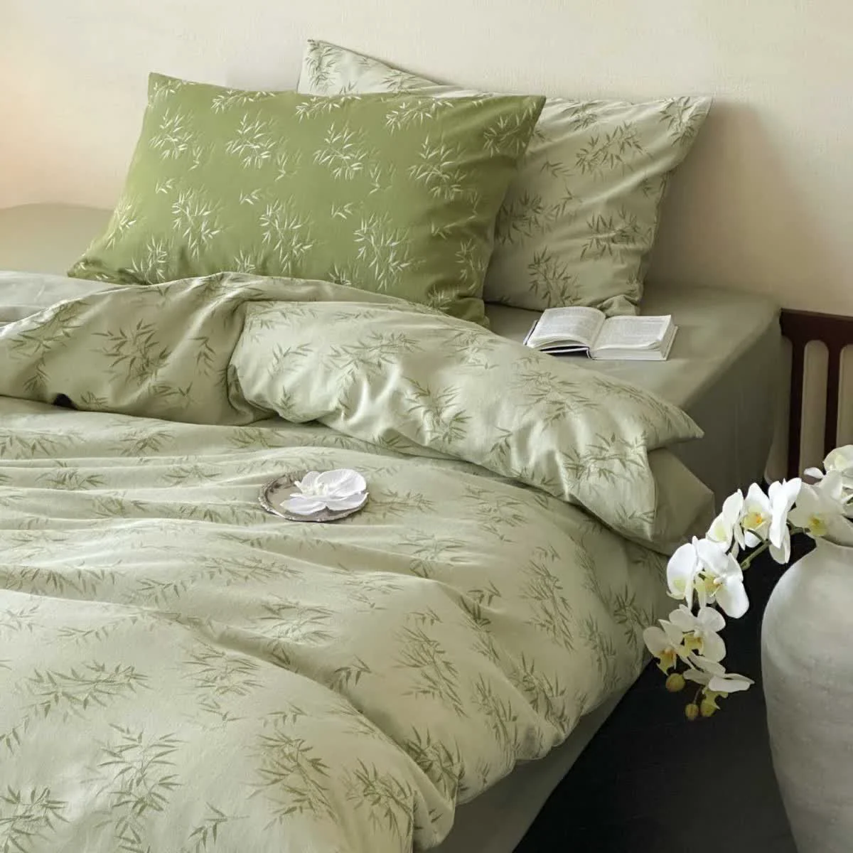 High-Grade Ownkoti Oriental Bamboo Leaf Jacquard Cotton Bedding Set 4PCS Breathable
