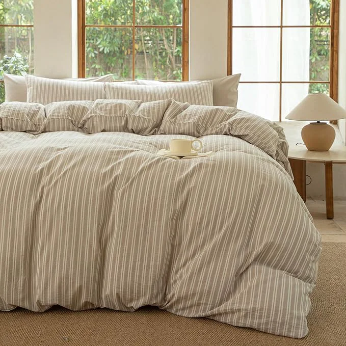 Stylish Striped Duvet Cover Set Washed Cotton Linen Like Soft Feelling Breathable Bedding Strip-Beige White Queen Pure
