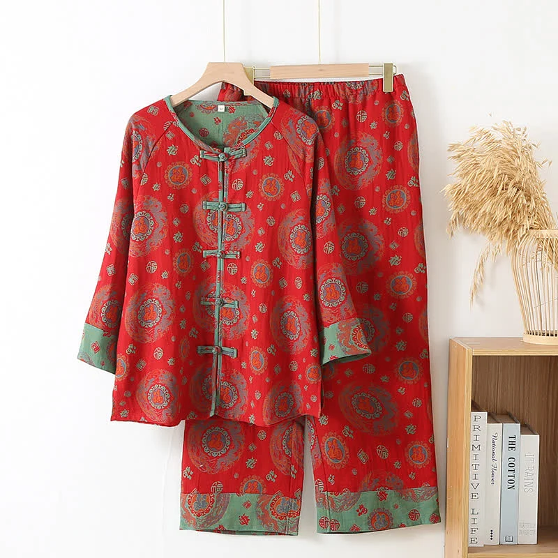 Durable Ownkoti Oriental Circular Fu Motif Cotton Loungewear Set Natural