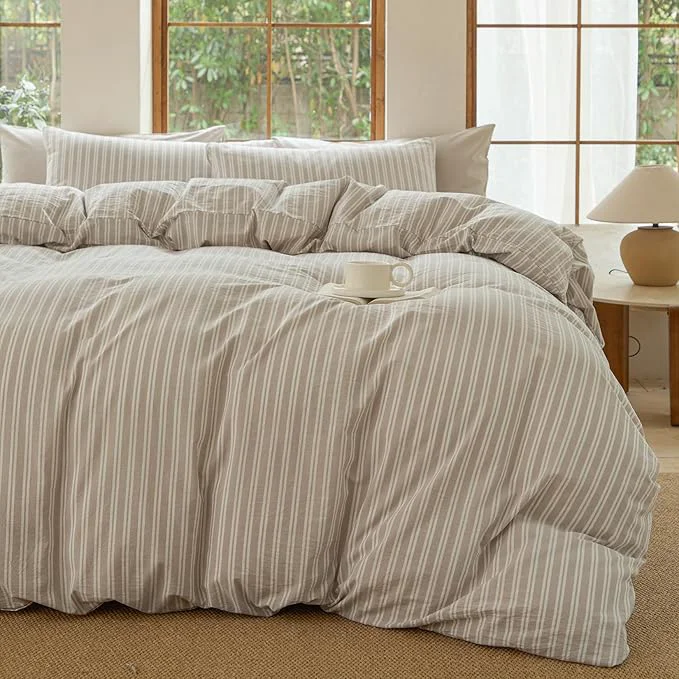 Minimalist Striped Duvet Cover Set Washed Cotton Linen Like Bedding Set Breathable Durable Comfy Strip-Tannish Linen Grey White King Relaxed