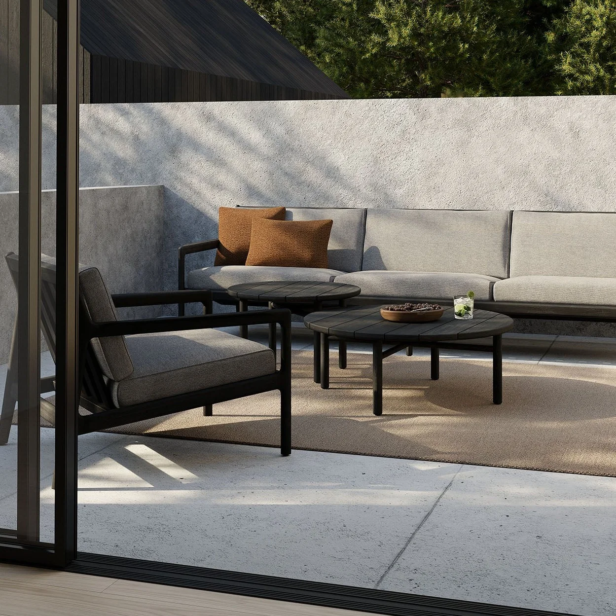 Clean Jack Solid Black Teak Outdoor 3 Seater Sofa Mocha Fabric Elegant