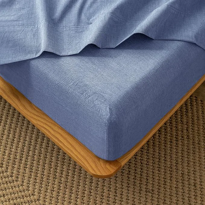 Eco-Friendly MooMee Fitted Bottom Sheet Only Washed Cotton Linen Like Textured Breathable Durable Soft Comfy Deep Pocket Fits Mattress up to 17 quot Blue Queen New Dependable