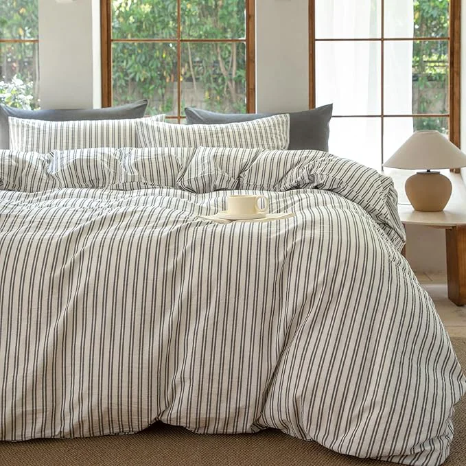 Outstanding Striped Duvet Cover Set Washed Cotton Line Like Breathable Trendy Bedding Set Strip-White Black Queen Eco-Friendly