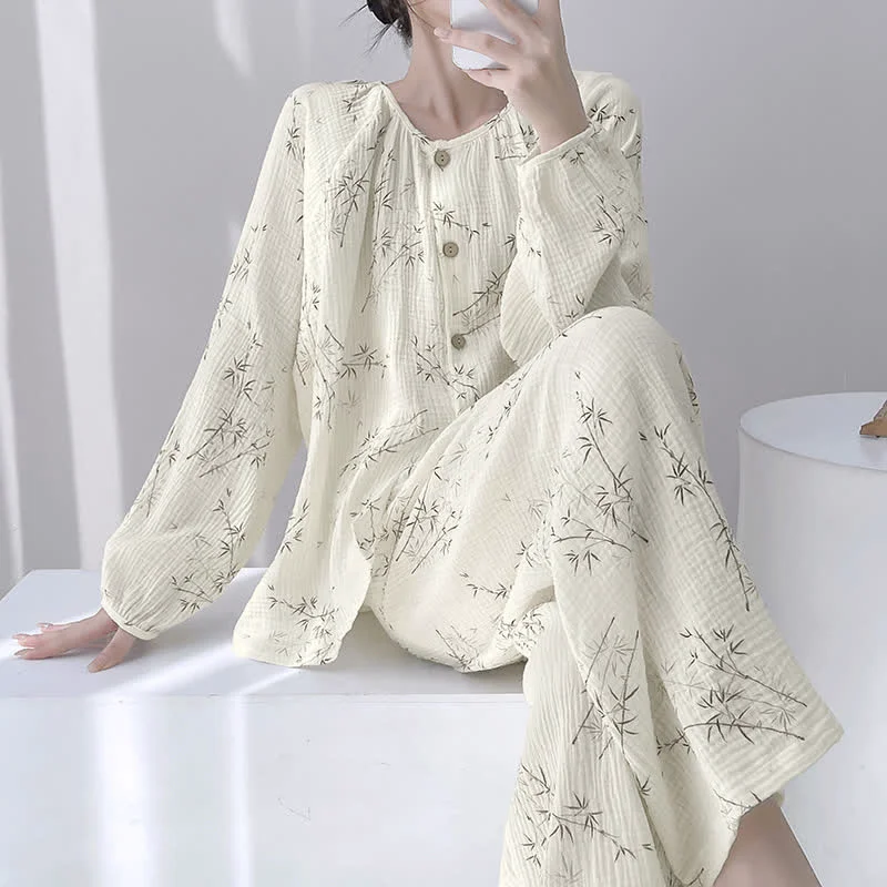 Optimized Ownkoti Bamboo Print Double Gauze Cotton Loungewear Set Long-Lasting