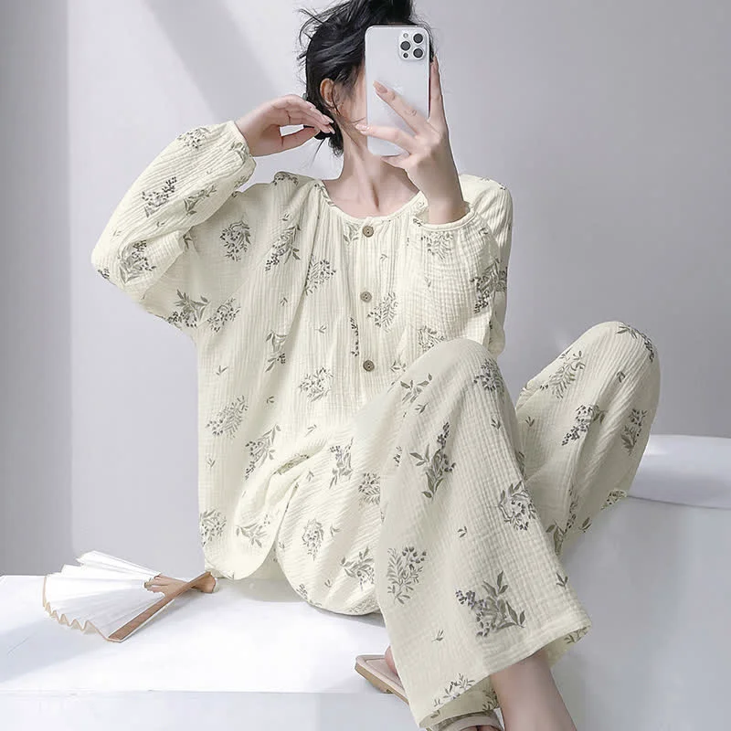 Practical Ownkoti Leaf Double Gauze Cotton Loungewear Set Consistent