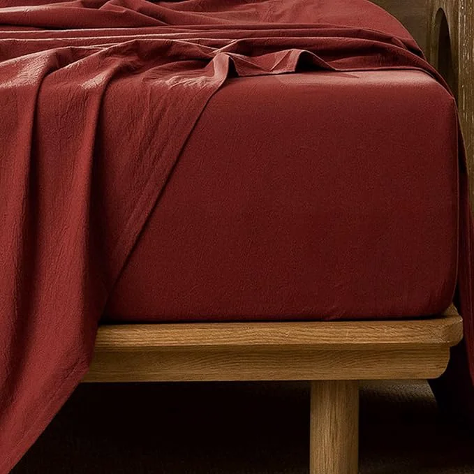 Sustainable MooMee Fitted Bottom Sheet Only Washed Cotton Linen Like Textured Breathable Durable Soft Comfy Deep Pocket Fits Mattress up to 17 quot Solid Fired Brick Red Queen Verified