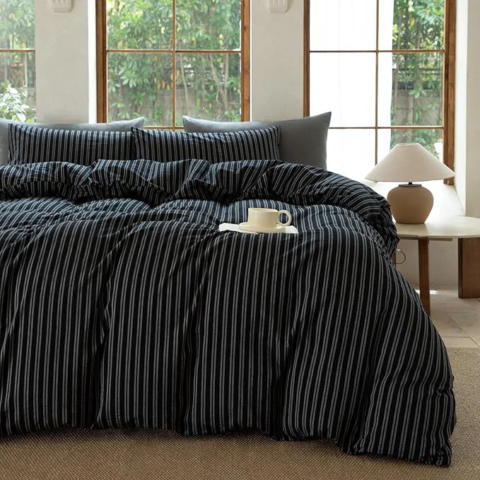 Flexible Striped Duvet Cover Set Washed Cotton Linen Like Soft Feelling Breathable Bedding Strip-Black White King Clean