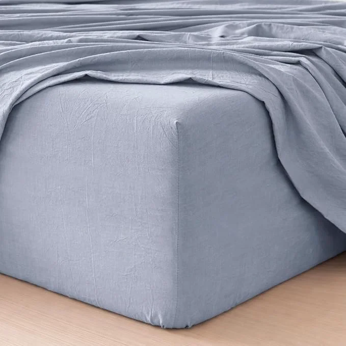 Elegant MooMee Fitted Bottom Sheet Only Washed Cotton Linen Like Textured Breathable Durable Soft Comfy Deep Pocket Fits Mattress up to 17 quot Cornflower Blue California King Specialty