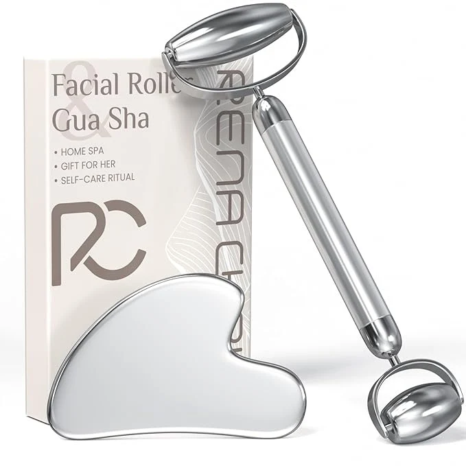 Original Rena Chris Gua Sha and Face Roller Set Anti-Breakage Stainless Steel Roller High-Grade