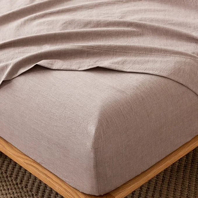 Advanced MooMee Fitted Bottom Sheet Only Washed Cotton Linen Like Textured Breathable Durable Soft Comfy Deep Pocket Fits Mattress up to 17 quot Mauve Brown King Professional