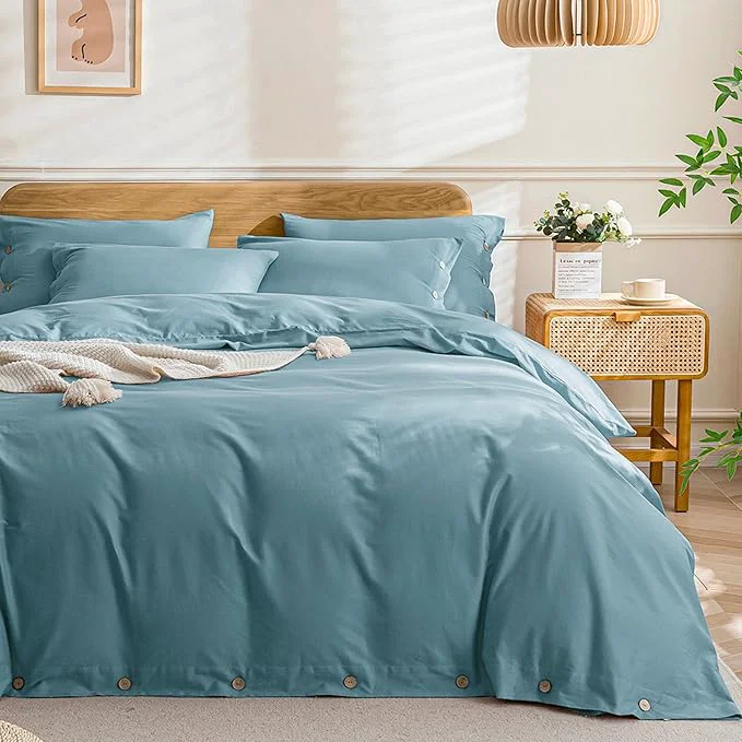 Quality JELLYMONI Cotton Duvet Cover King Size – Grayish Blue Comforter Cover with Button Washed Cotton 3PCS Breathable Soft Solid Bedding Set Duvet Cover 104×90in amp 2 Pillowcases NO Comforter Elite