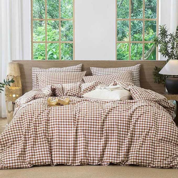 Trendy MooMee Gingham Duvet Cover Set Washed Cotton Linen Like Textured Breathable Durable Soft Comfy Modern Checkered Design Dark Orange Gingham Super Queen 90 quot x98 quot Practical