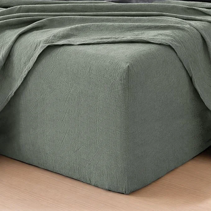 Recyclable MooMee Fitted Bottom Sheet Only Washed Cotton Linen Like Textured Breathable Durable Soft Comfy Deep Pocket Fits Mattress up to 17 quot Heathered Green King Innovative