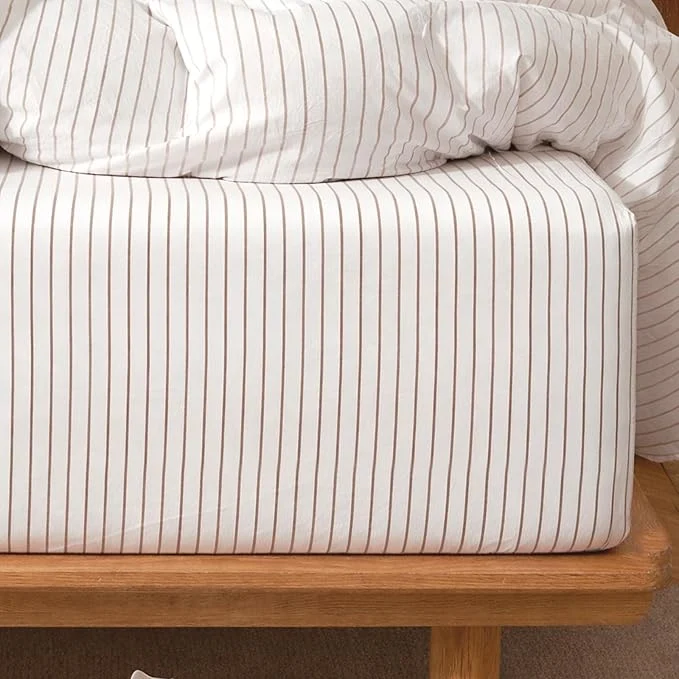 Original MooMee Stripes Fitted Bottom Sheet Only Washed Cotton Linen Like Textured Breathable Durable Soft Comfy Deep Pocket White Orange Wide Stripes King Elite