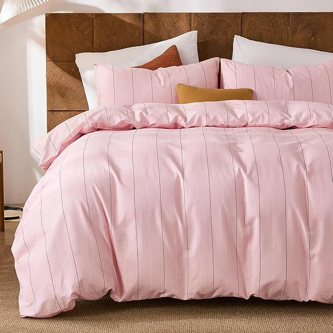 Quality Merryword Pink Striped Duvet Cover Set Queen Size – Cotton Bedding Set with Wide Zipper amp 8 Corner Ties Soft Breathable Bedding Set Elegant Pastel Comforter Cover for All Seasons High-Performance