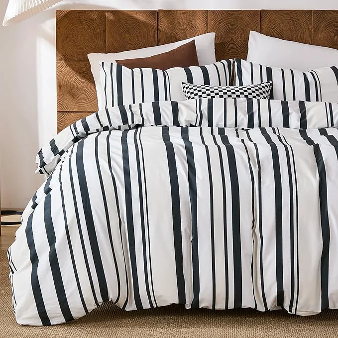 Original Design Merryword Black and White Striped Duvet Cover Set Queen Size – Cotton Duvet Cover Set with Vertical Stripe Design Soft Breathable Comforter Cover for All Seasons Long-Lasting