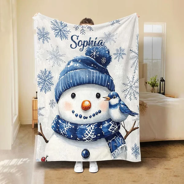 Flexible Custom Winter Theme Blanket – Snowman Reindeer Gingerbread amp Snowflakes Design Natural