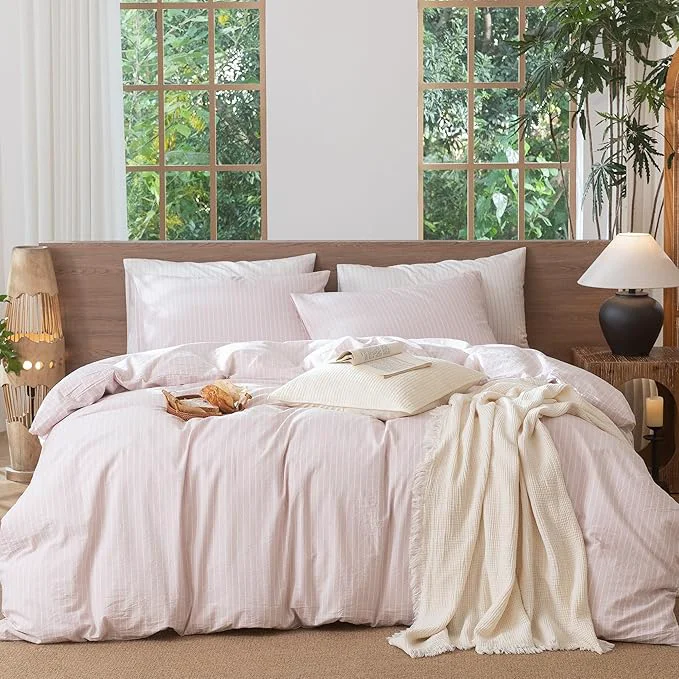 Advanced MooMee Striped Duvet Cover Set Washed Cotton Linen Like Textured Breathable Durable Soft Comfy Heathered Greyish Pink White Wide Stripes Full 80 quot x90 quot Long-Lasting