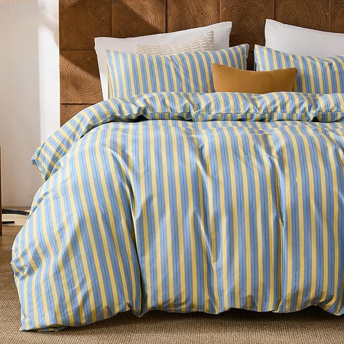 Fast Merryword Cotton Duvet Cover Set Queen Size Blue amp Yellow Striped Bedding Set with Zipper Closure and 8 Corner Ties Modern Coastal Style Comforter Cover Set 3 Pieces Versatile